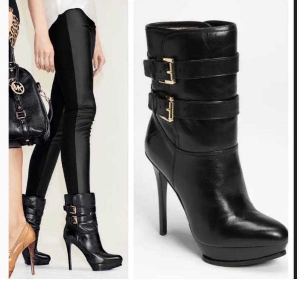 Michael Kors Mae Black Leather Heeled Boots with Gold Buckles 9.5 NWOT